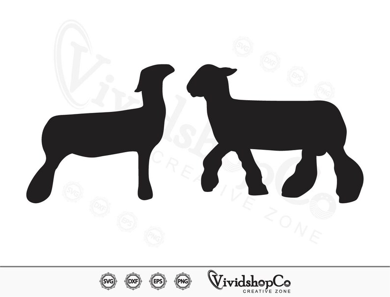 May include: Silhouette of two black sheep, one standing and one lying down. The sheep are facing each other.