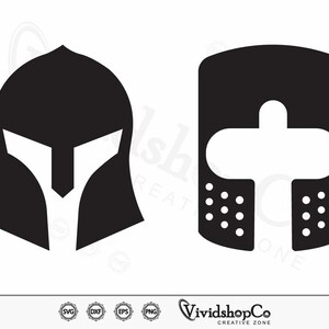 May include: Two black helmet designs. One is a Spartan helmet with a distinctive face guard. The other is a Crusader helmet with a cross-shaped opening and dotted details. The image includes the text "VividshopCo CREATIVE ZONE".