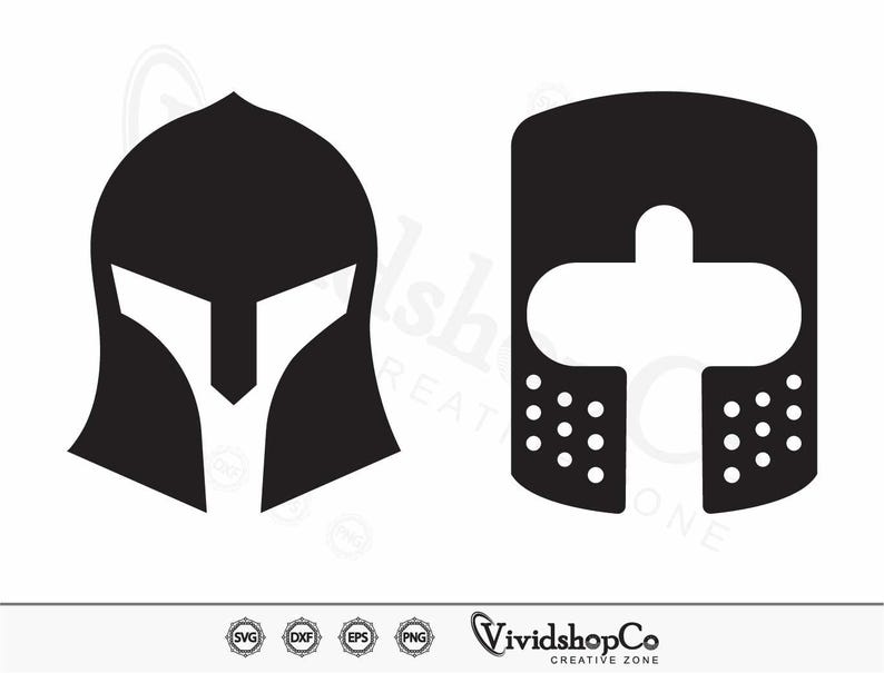 May include: Two black helmet designs. One is a Spartan helmet with a distinctive face guard. The other is a Crusader helmet with a cross-shaped opening and dotted details. The image includes the text "VividshopCo CREATIVE ZONE".