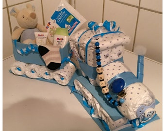 Extra Large Format XXL Diaper Cake Train Chemin de fer Bébé Garçon Cadeau Naissance Baptême Nouveau