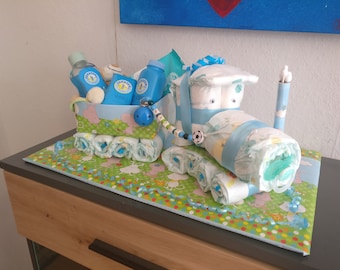 Diaper Cake Train Railway Baby Boy Gift Birth Baptism New Souvenir Diaper Gift