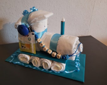 Diaper Cake Train Railway Baby Boy Gift Birth Baptism New
