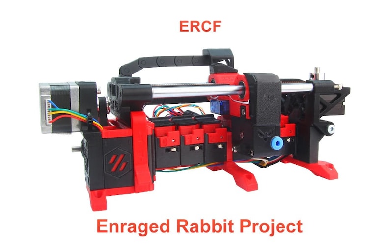 May include: A red and black 3D printer with the text "ERCF Enraged Rabbit Project" printed on the base.