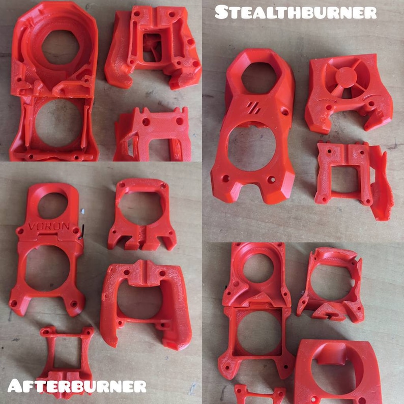 May include: A collection of 3D printed parts for a Voron 2.4 3D printer. The parts are red and have the words "Stealthburner" and "Afterburner" printed on them.