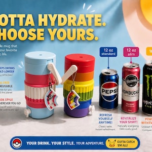 Può includere: Due refrigeratori per bevande cilindrici con manici e ciondoli, uno rosa e blu, uno a strisce arcobaleno. Accanto ci sono una lattina Pepsi da 12 oz, una lattina sottile Remedy Kombucha da 12 oz e una lattina Monster Energy da 16 oz. Testo: GOTTA HYDRATE.