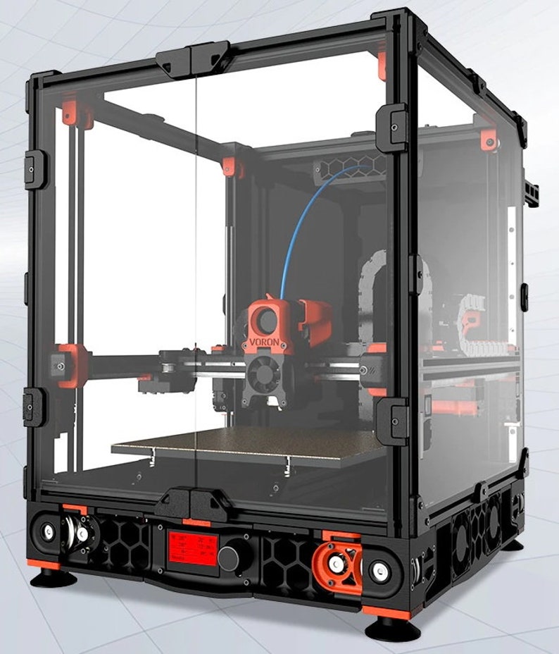 May include: A black 3D printer with a clear enclosure and red accents. The printer is on a black platform with a honeycomb pattern. The printer has a red and black extruder and a blue filament line.