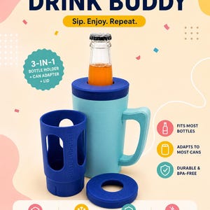 Può includere: Un Drink Buddy all-in-one, un portabottiglie 3-in-1, un adattatore per lattine e un coperchio. L'immagine mostra una tazza isolante blu con manico, un portabottiglie blu e un coperchio blu. Testo: "Sip. Enjoy. Repeat."