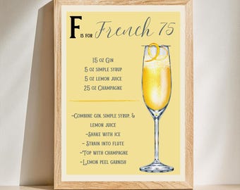 French 75 Cocktail Recipe Poster (Digital Download)
