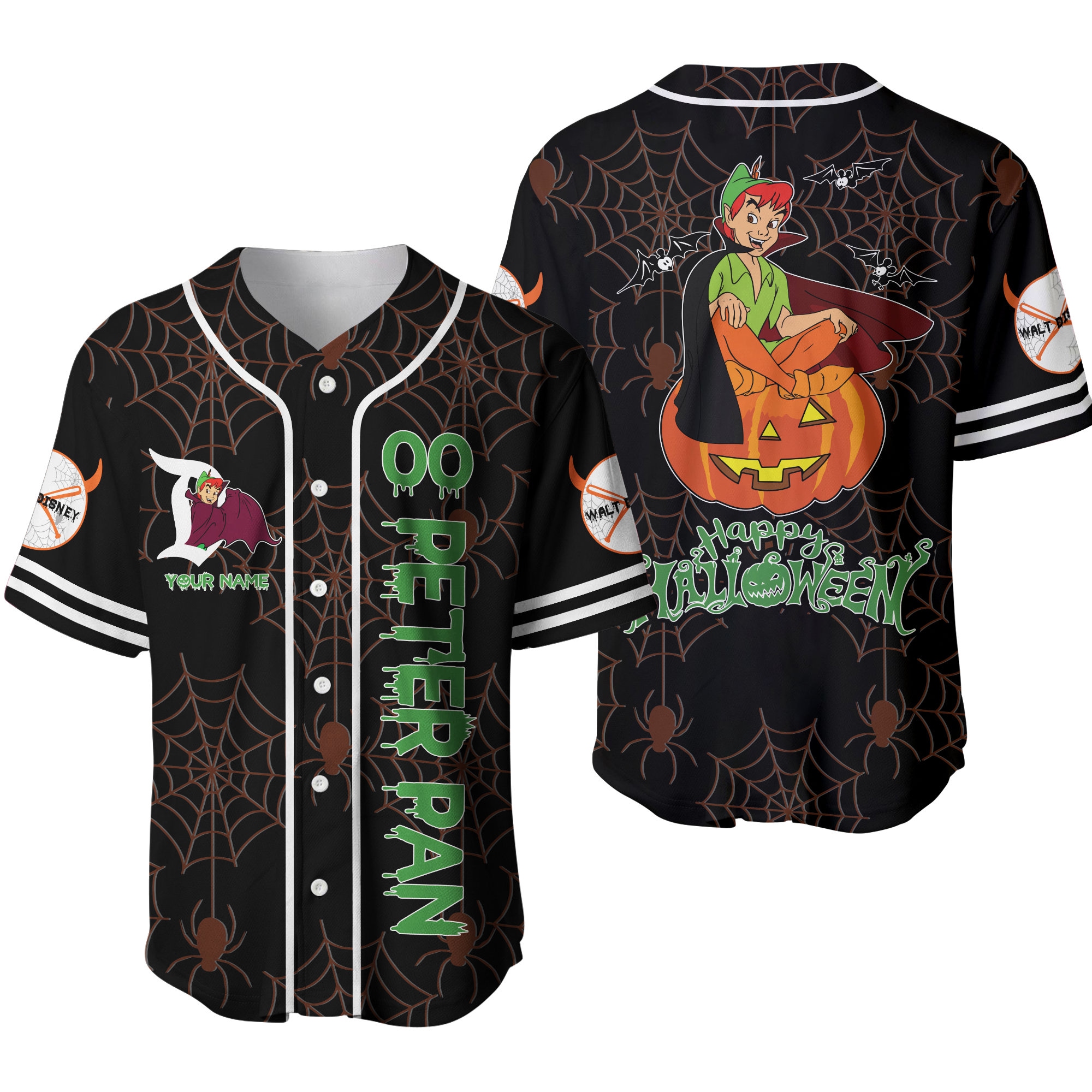 Peter Pan Black Green Happy Halloween Disney Cartoon Graphics Baseball Jersey