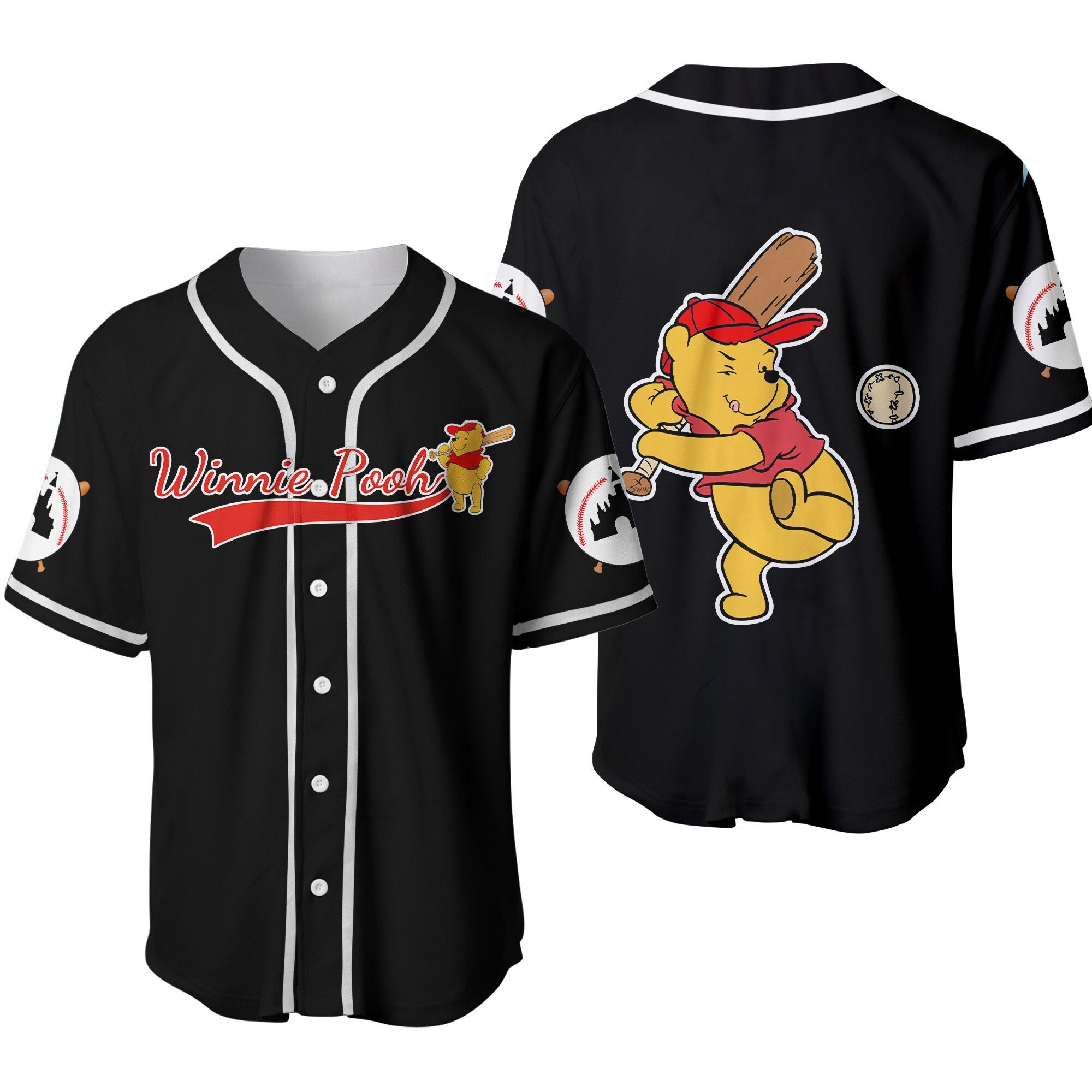 Discover Winnie Pooh Rot Schwarz Süß Disney Cartoon Baseball Jersey Trikot