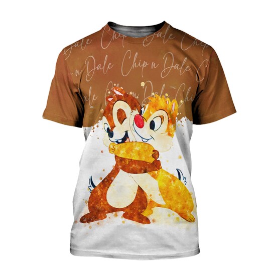 Chip & Dale Chipmunks Brown Watercolor Glitter Disney Cartoon  3D Tshirt