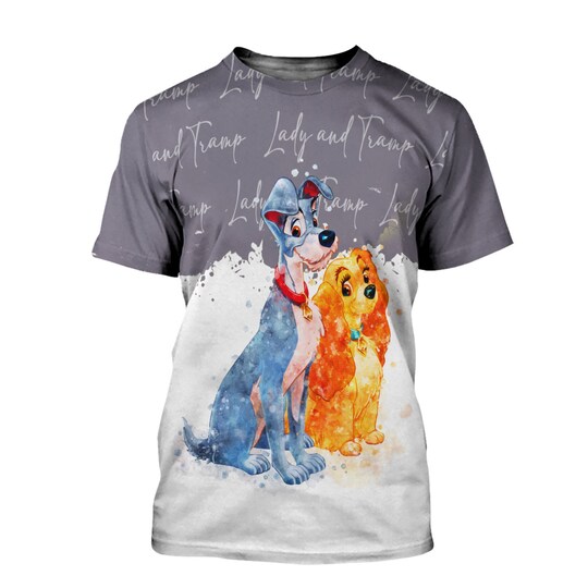 Lady & The Tramp Dogs Gray Watercolor Glitter Disney Graphic Cartoon  3D Tshirt