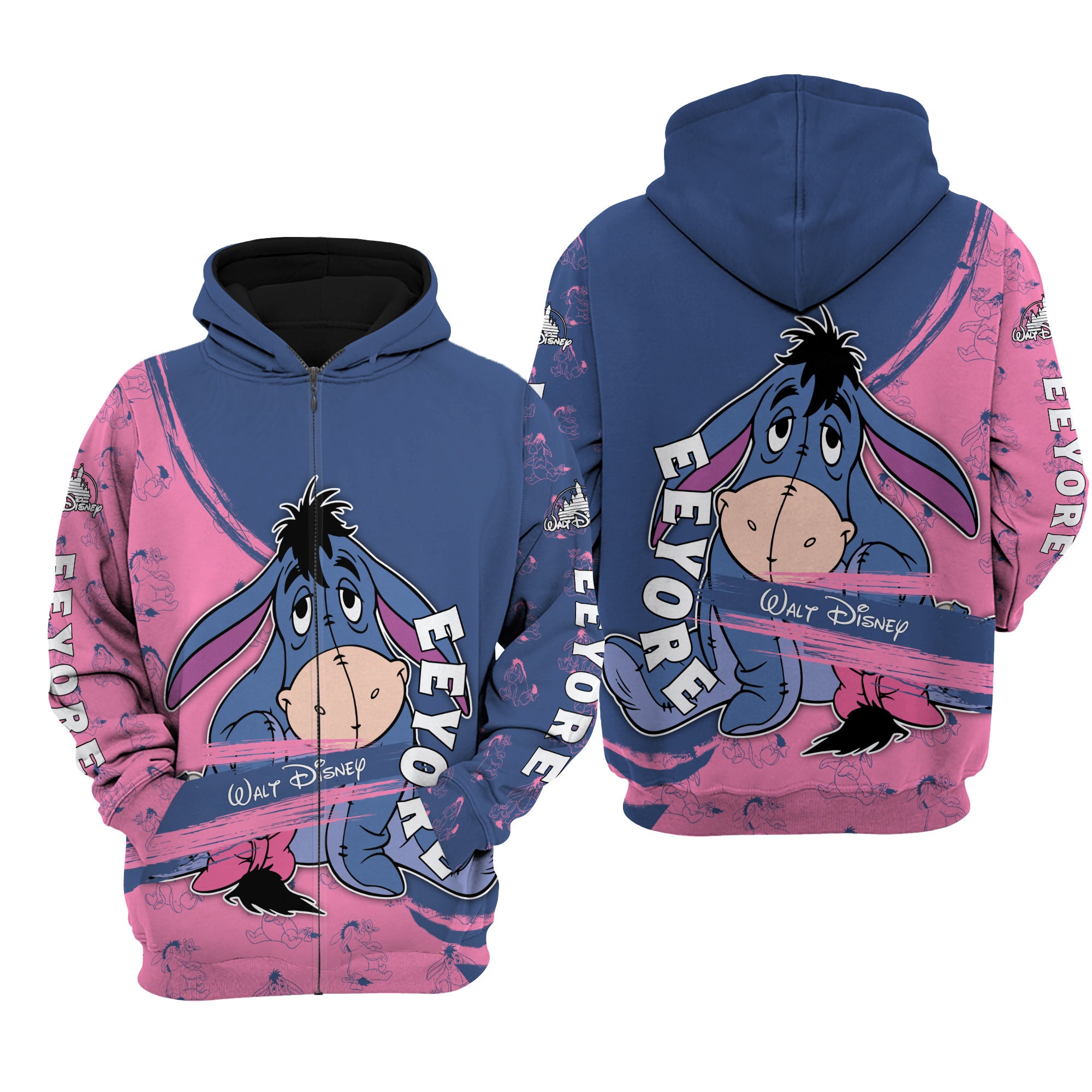 Eeyore Donkey Blue Pink Pattern Stripes Disney 3D Zip Hoodie