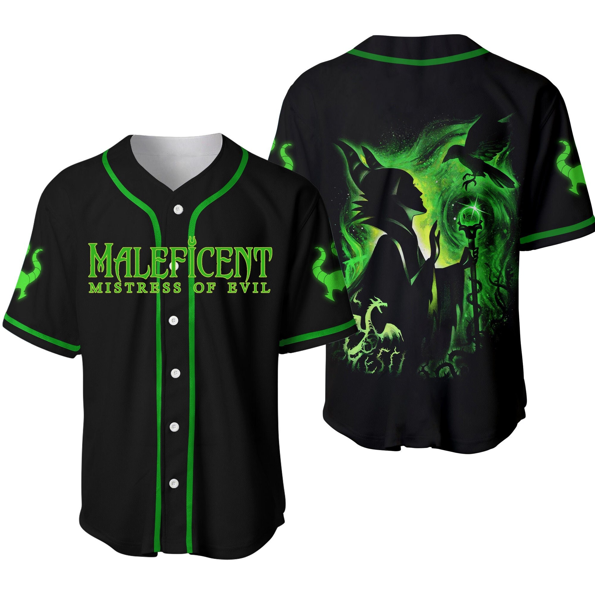 Villian Maleficent Green Black Neon Disney Baseball Jersey