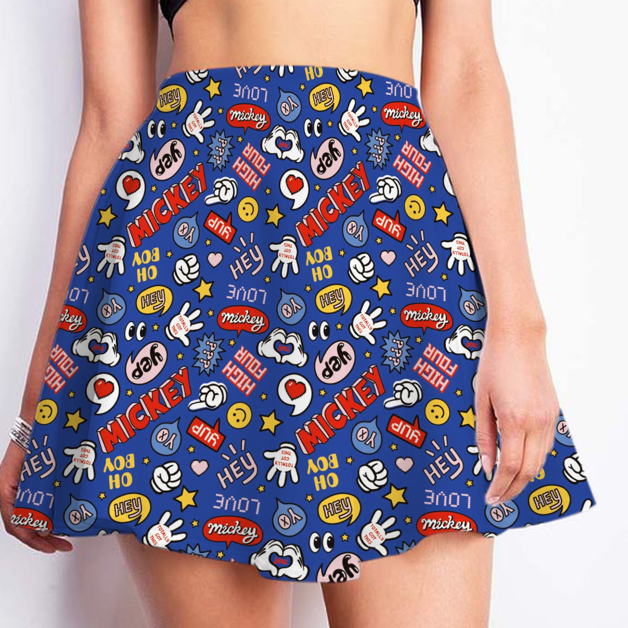 Mickey Mouse Comic Emoji Blue Skater Skirt