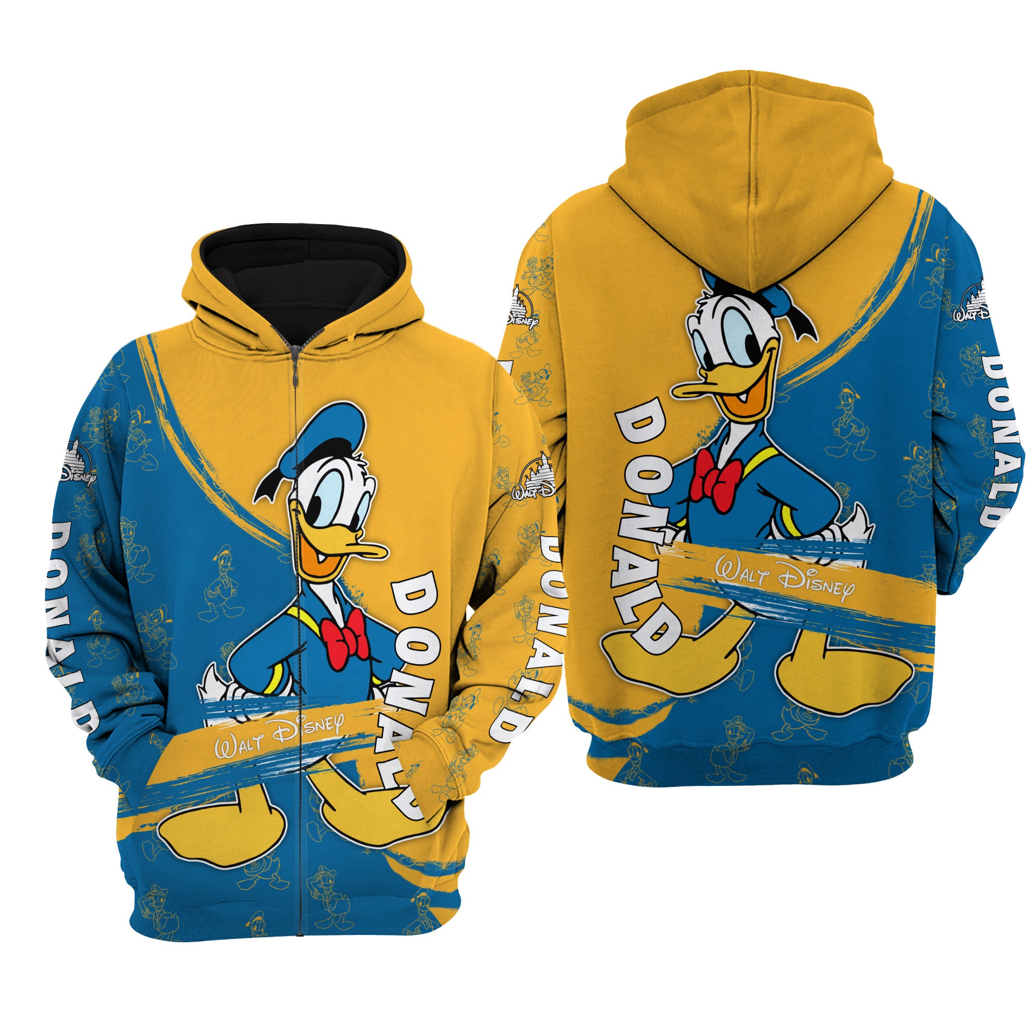 Donald Duck Blue Yellow Pattern Stripes Disney 3D Zip Hoodie
