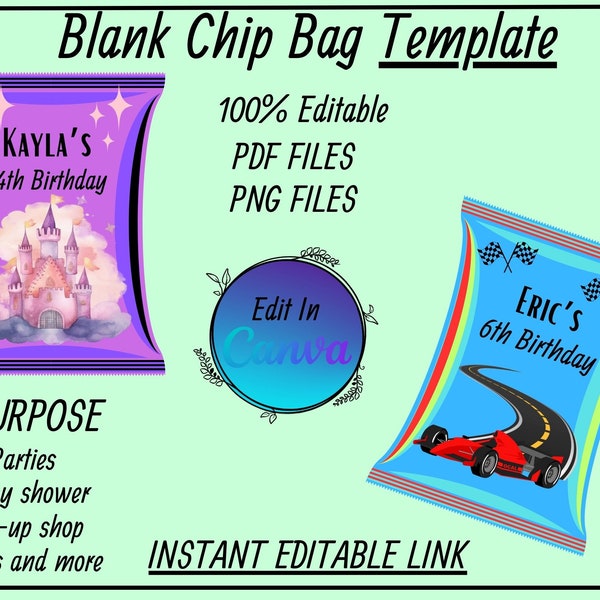 Chip Bag Template, Blank Chip Bag, Chip Bag Template Canva Editable, Chip Bag Label, Party chip bag, chip bag editable, template for cricut