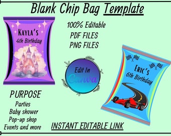 Chip-Taschen-Vorlage, leere Chip-Tasche, Chip-Taschen-Vorlage Canva editierbar, Chip-Taschen-Etikett, Party-Chip-Tasche, Chip-Tasche editierbar, Vorlage für Cricut