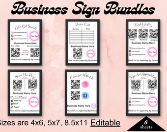 Benutzerdefiniertes QR-Code-Schild, Scan-to-Pay-Schild, Trinkgeld-Schild, Lets Get Social, Bewertungen-Schild, Business-Schild Vorlagen Bundle, Social-Media-Zeichen druckbar