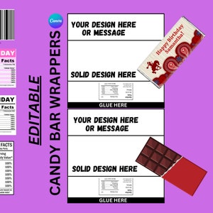May include: Editable candy bar wrappers with a pink background. The wrappers have a space for a design or message, a solid design area, and a glue area. The wrappers also include a nutrition facts label with the word "Birthday" at the top. The wrappers are designed to be used with standard size candy bars.