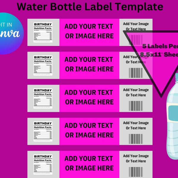 water bottle labels| bottle template| personalized|party favor|Bottle mockup|custom label | birthday|party wrapper | editable in canva |