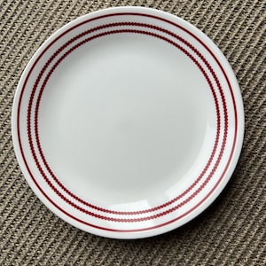 May include: A white ceramic plate with a red dotted border design. The plate has a simple, clean aesthetic, suitable for everyday use. The red border adds a pop of color to the otherwise plain white surface.