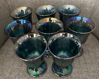 Vintage Indiana Carnival Glasses Blue Iridescent Goblet Set of 8