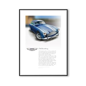 May include: A vintage blue Aston Martin DB2/4 sports car with a white background. The text "Exhilarating" is below the car with a description of the car's features.