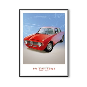 Alfa Romeo Serie 105 Coupé - Poster stampato su carta artistica bianca opaca naturale, illustrazione, regali, belle arti, arte da parete, edizione limitata.