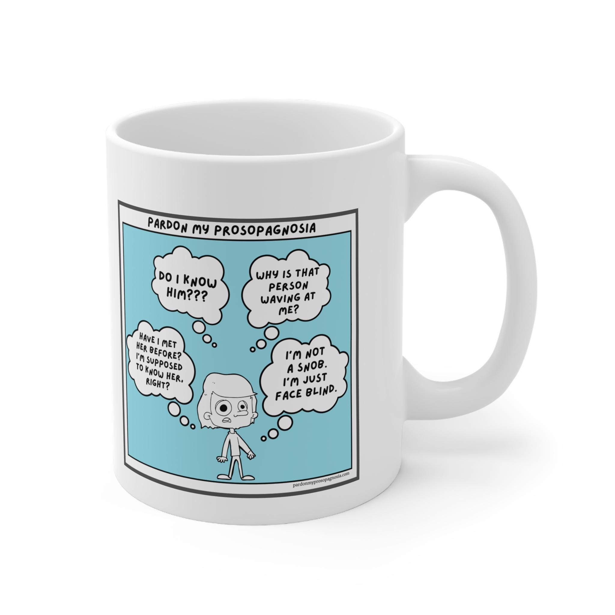 Prosopagnosia Cartoon Mug, Face Blindness Awareness Mug, Funny Mental ...