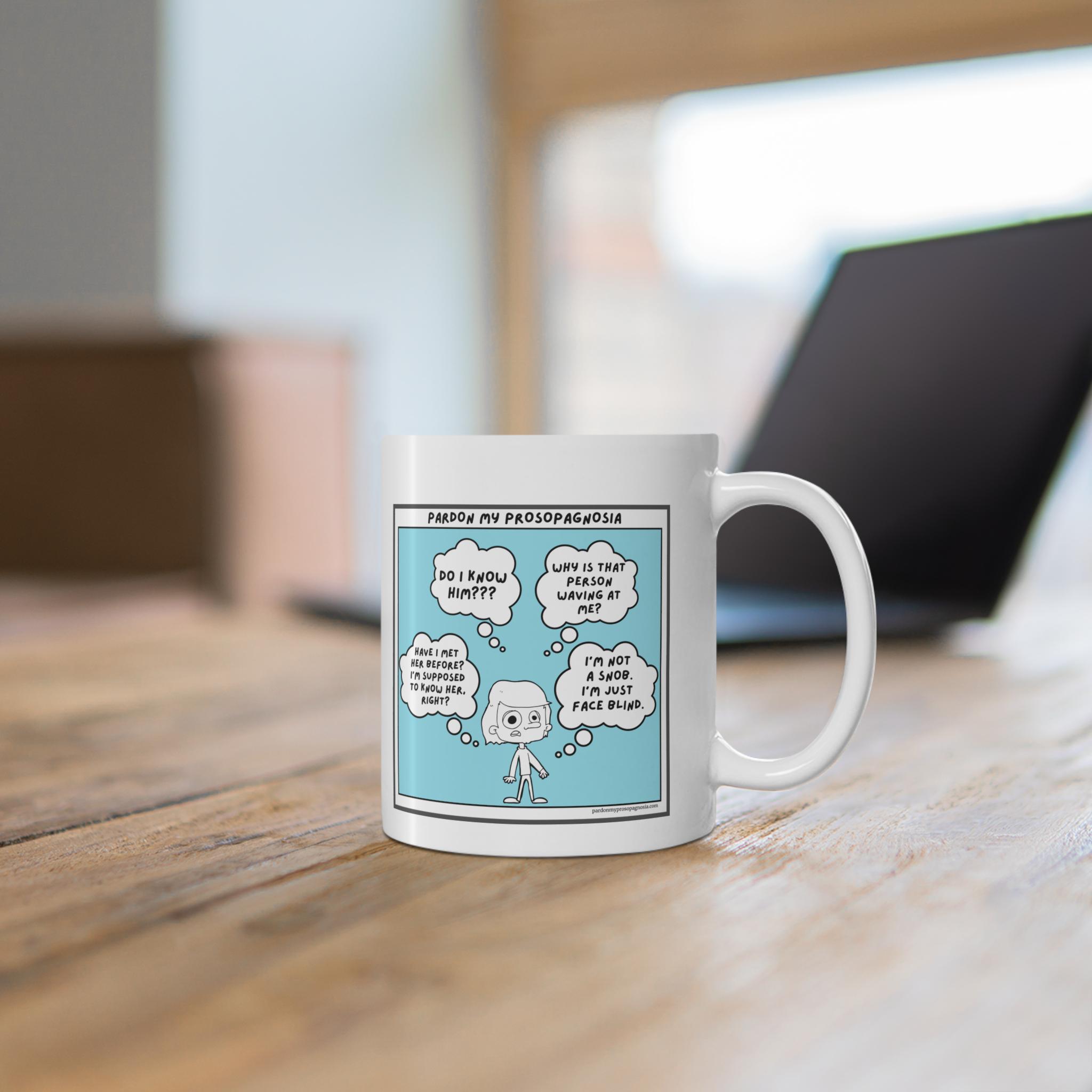 Prosopagnosia Cartoon Mug, Face Blindness Awareness Mug, Funny Mental ...