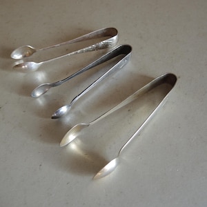 Set of 3 Vintage Silver color metal Sugar Cube Tongs / Bar tools / Sugar Ice Cube pick up tongs / Mechanical Tongs / kitchen tools   A