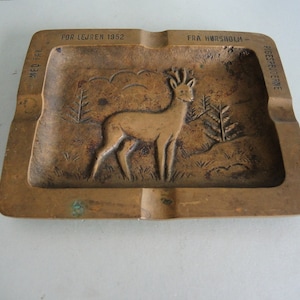 Vintage DENMARK Massive Solid brass Bronze Ashtray bowl / brass housewares / Rustic Kitchen Décor / Elk Deer stag / metal decorative art