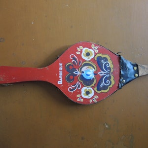 Vintage large fire bellow in Red / wooden metal and like leather bellow fire pit / fireplace accessories / hand fire bellow / French décor