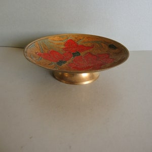 Vintage Handmaid Solid brass enamel covered small bowl plate / old housewares / Library Cabinet Décor / BRASS Floral design plate
