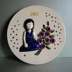Vintage Scandinavian Halsingborg Design J. Johansson ceramic wall plaque tile with girl / Mid Century Modern / Sweden ceramic / art studio