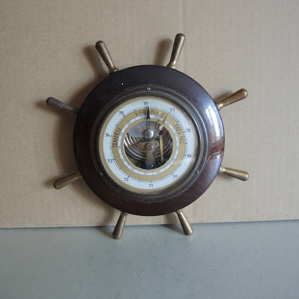 Vintage wooden barometer thermometer Weather forecast gauge / Vintage wall barometer in ship's rudder style / Marine style style /