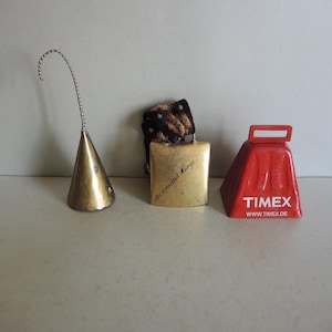 Set of 3 Vintage brass and metal like Cow bells / small size Souvenir Bell / Home Décor / Alpine Swiss style Bell / old style animal bell /