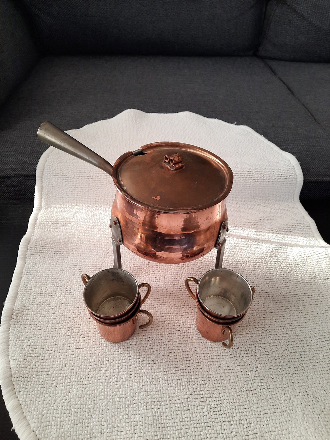 Swedish Vintage Solid Copper Pot With Handle and 6 Small Copper Cups