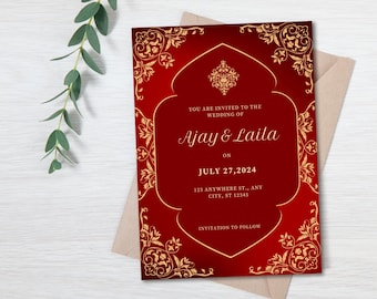 Indian Save the Date, Hindu Wedding Invitation, Indian Wedding Invite, Elegant Save the Date, Red and Gold Invitation, Indian Wedding Card