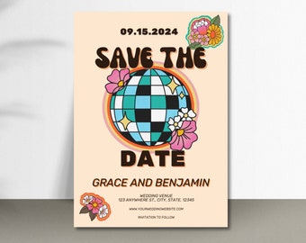 Retro Save the Date, 70s Save the Date, Groovy Invite, Digital Save the Date, Disco Ball Invite, Retro Wedding Invitation, Editable Template