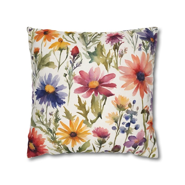 Watercolor Wildflower Square Pillow Cover, Floral Accent Pillow, Colorful Flower Pillowcase, Boho Cottagecore Decor, Decorative Throw Pillow