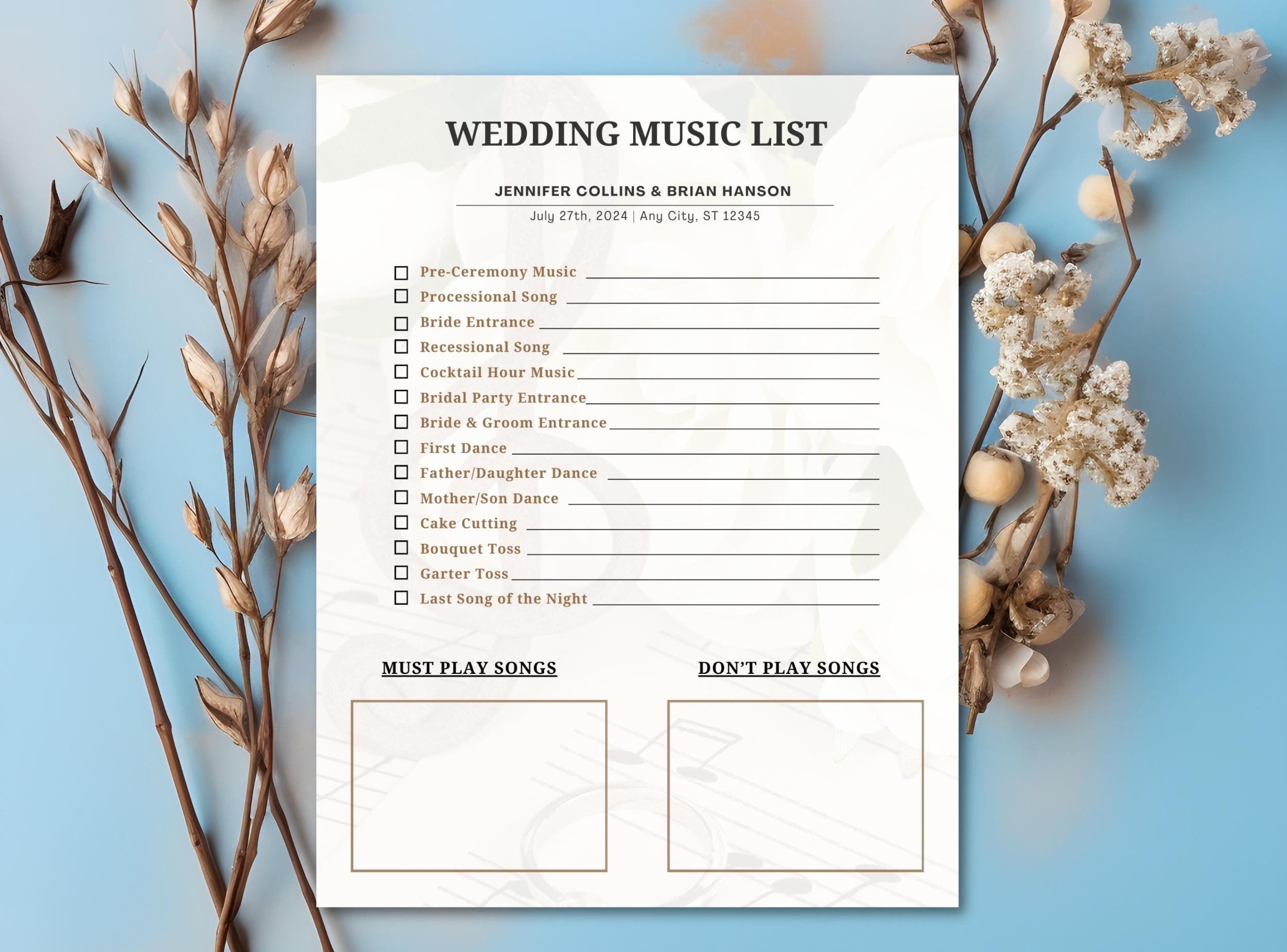 Printable Wedding Music List, Editable Canva Template, Wedding Song Playlist, Wedding DJ Song Checklist, Wedding Planner Music Questionnaire
