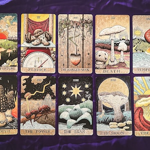 May include: A set of ten tarot cards featuring illustrations of mushrooms. The cards are numbered from XI to XIX and include the following titles: Wheel of Fortune, Justice, The Hanged Man, Death, Temperance, The Devil, The Tower, The Star, The Moon, and The Sun.