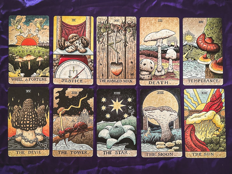 May include: A set of ten tarot cards featuring illustrations of mushrooms. The cards are numbered from XI to XIX and include the following titles: Wheel of Fortune, Justice, The Hanged Man, Death, Temperance, The Devil, The Tower, The Star, The Moon, and The Sun.
