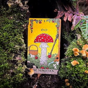 May include: A tarot card with a yellow background and a red and white mushroom in the center. The card is titled "The Magician" and has an infinity symbol above the mushroom. The card is surrounded by green foliage and a basket.