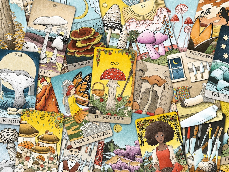 May include: A collection of tarot cards featuring illustrations of mushrooms, fairies, and other whimsical imagery. The cards are arranged in a random order, with some cards partially visible. The cards are printed on a thick, textured paper stock.