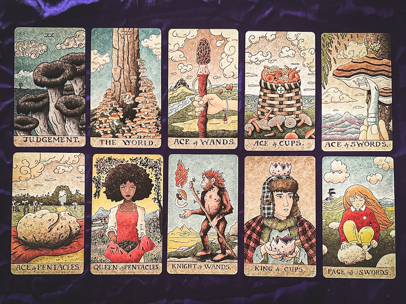 May include: A set of ten tarot cards with illustrations of mushrooms, people, and nature scenes. The cards are in a grid of five rows and two columns. The cards are labeled with their names, such as "Judgement", "The World", "Ace of Wands", "Ace of Cups", "Ace of Swords", "Ace of Pentacles", "Queen of Pentacles", "Knight of Wands", "King of Cups", and "Page of Swords".