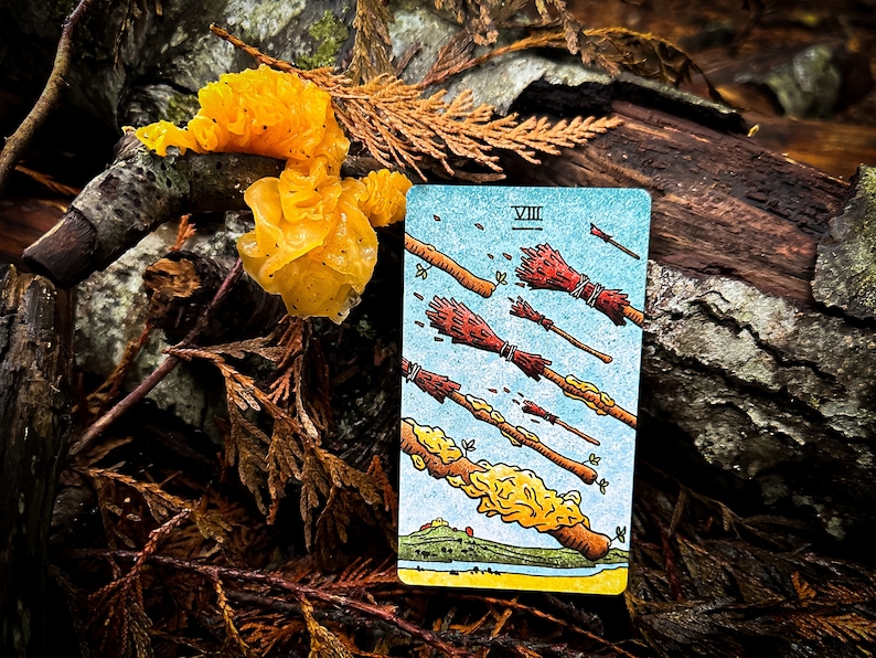 May include: A tarot card with a blue background and the number VIII in Roman numerals. The card depicts a scene of multiple broomsticks flying through the air, with some broken and falling apart. The card is lying on a wooden surface with yellow mushrooms.