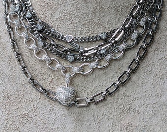 Chunky layered chain necklace for women, thick silver chain statement necklace, boho chain necklace,  diamond heart pendant, non tarnish